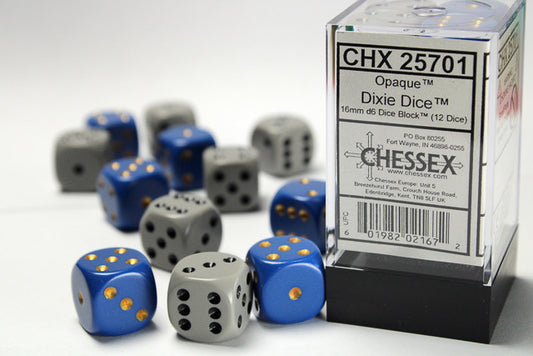 Chessex D6 DiceOpaque 16mm d6 Dixie Dice 12-Die Set (6 Blue/yellow, 6 Dark Grey/black)