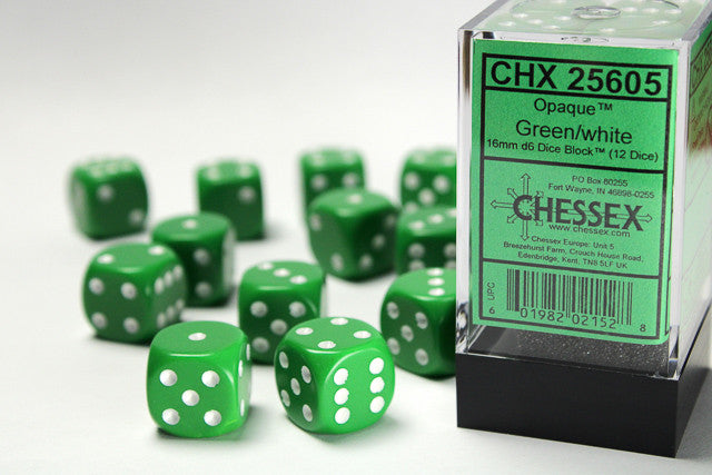Chessex D6 Opaque 16mm d6 Green/white Dice Block (12 dice)