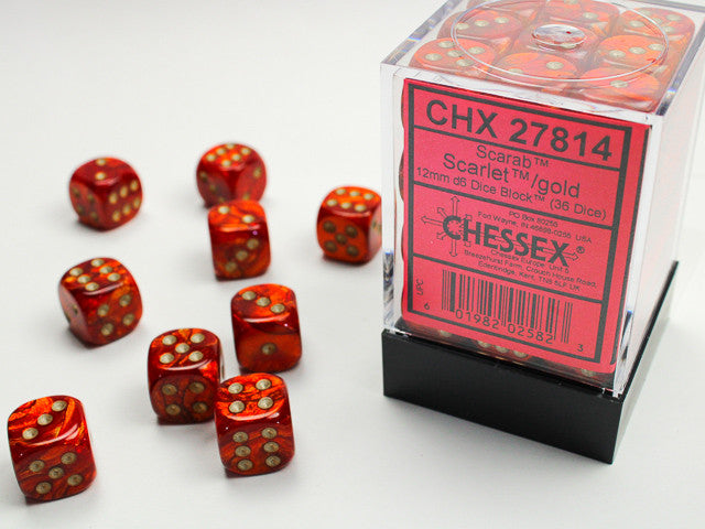 Chessex D6 Scarab 12mm d6 Scarlet/gold Dice Block (36 dice)