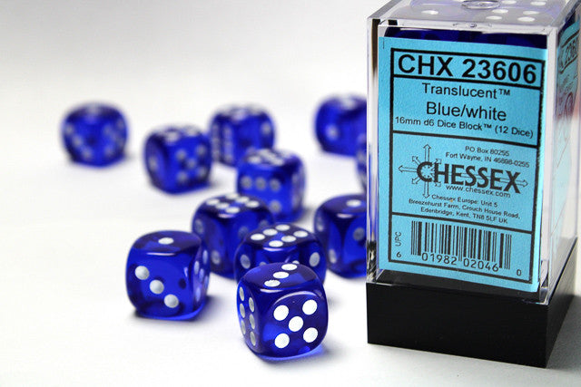 Chessex D6 Translucent 16mm d6 Blue/white Dice Block (12 dice)