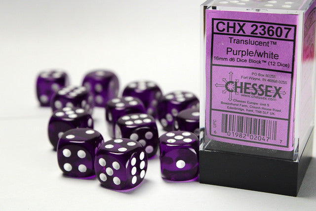 Chessex D6 Translucent 16mm d6 Purple/white Dice Block (12 dice)