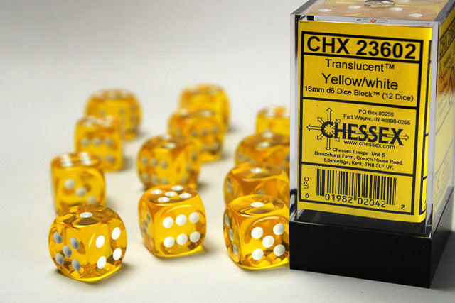 Chessex D6 Translucent 16mm d6 Yellow/white Dice Block (12 dice)