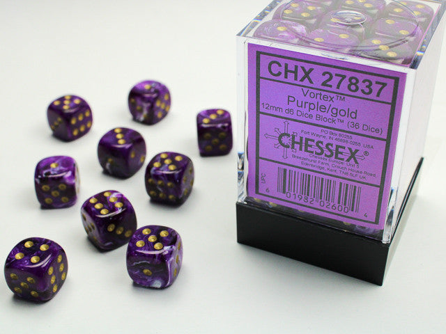 Chessex D6 Vortex 12mm d6 Purple/gold Dice Block (36 dice)
