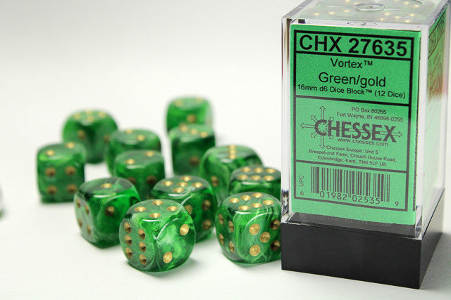 Chessex D6 Vortex 16mm d6 Green/gold Dice Block (12 dice)