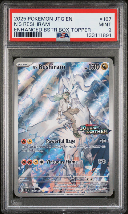 2025 Pokemon Jtg En-Journey Together 167 N's Reshiram Enhanced Bstr Box Topper - PSA 9