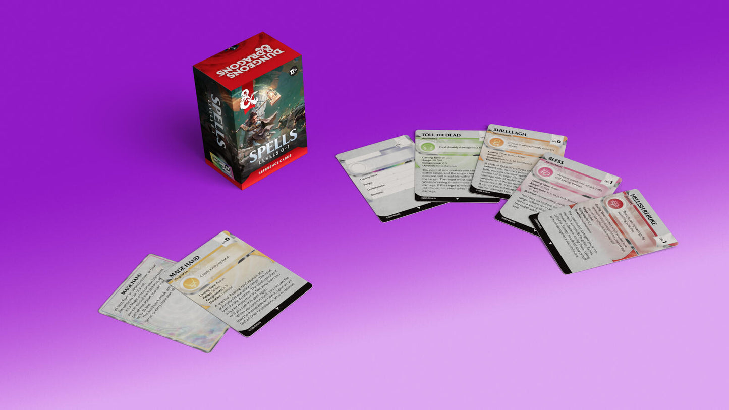 D&D Dungeons & Dragons Reference Cards Spells Levels 0-1