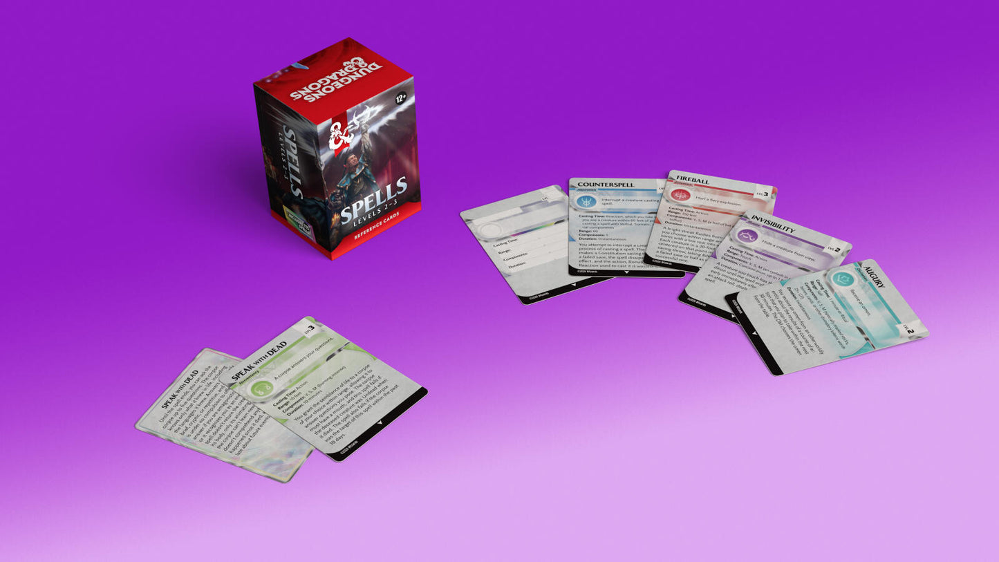 D&D Dungeons & Dragons Reference Cards Spells Levels 2-3