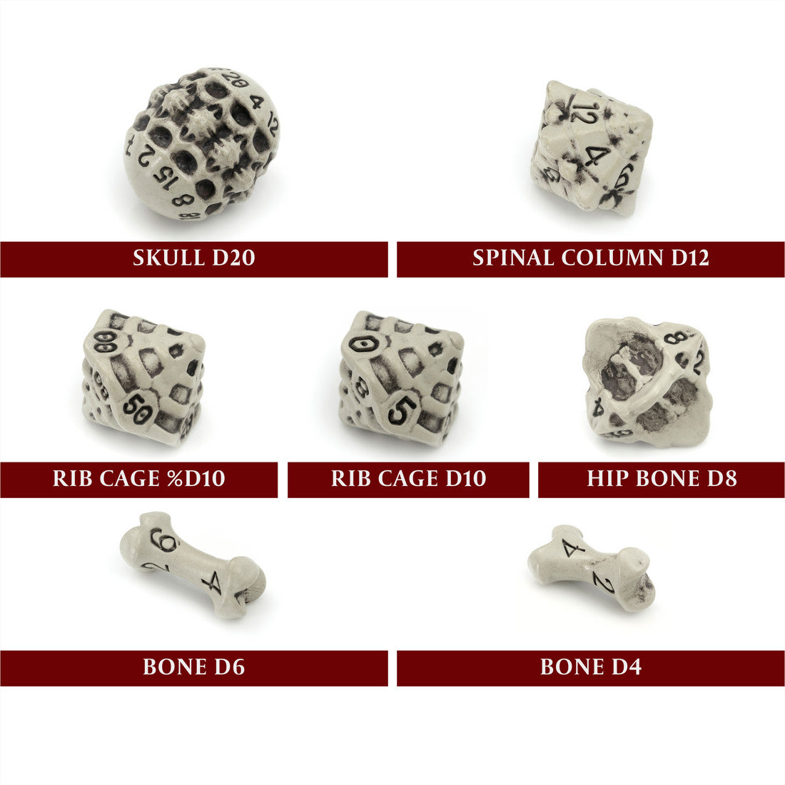 D7-Die Set Dice Skull & Bone Full 7 Dice Set - Cleaned Bone White