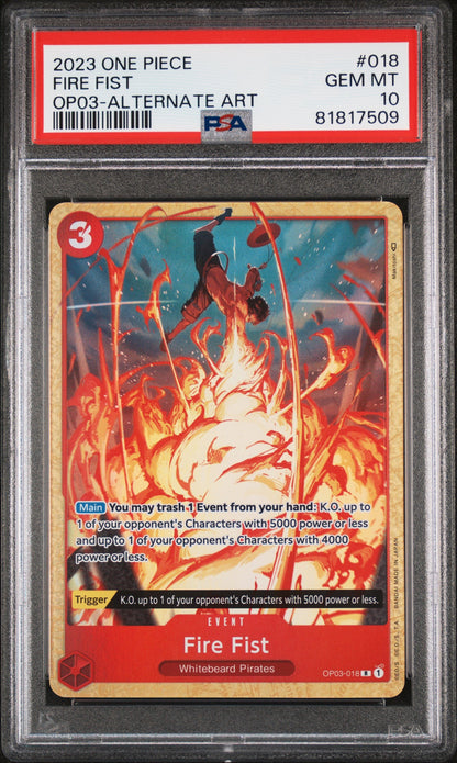 2023 One Piece Op03-Pillars Of Strength 018 Fire Fist Alternate Art - PSA 10