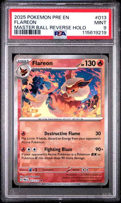 2025 Pokemon Pre En-Prismatic Evolutions 013 Flareon Master Ball Reverse Holo - PSA 9