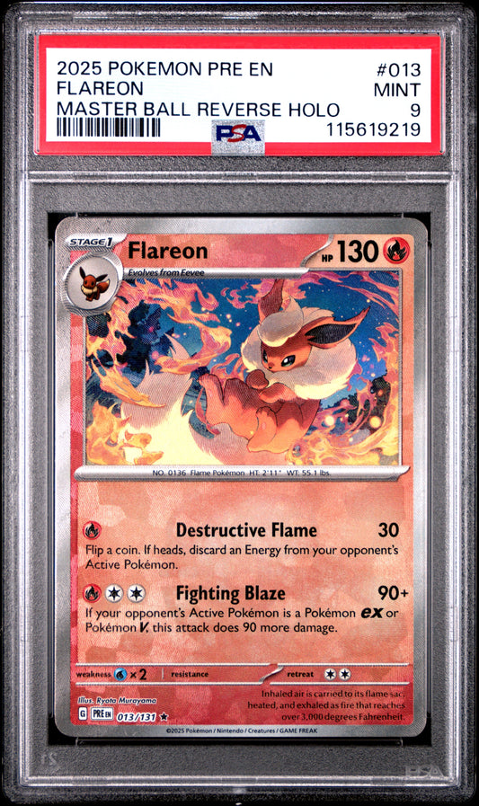 2025 Pokemon Pre En-Prismatic Evolutions 013 Flareon Master Ball Reverse Holo - PSA 9
