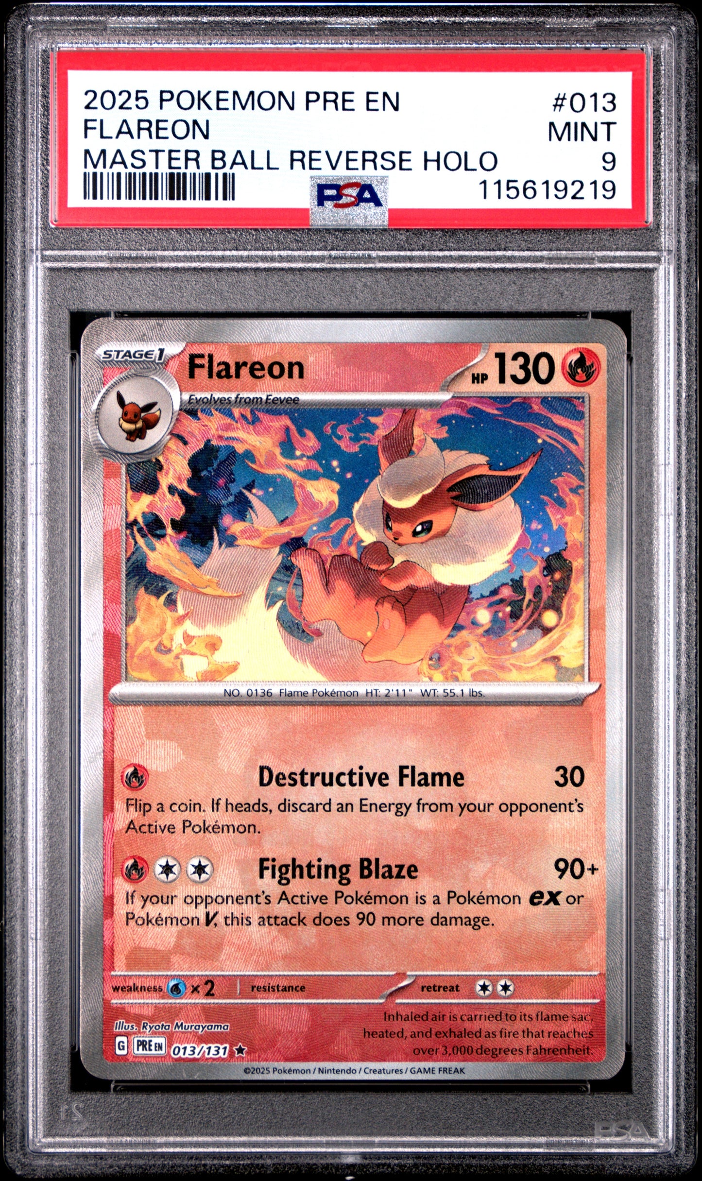 2025 Pokemon Pre En-Prismatic Evolutions 013 Flareon Master Ball Reverse Holo - PSA 9