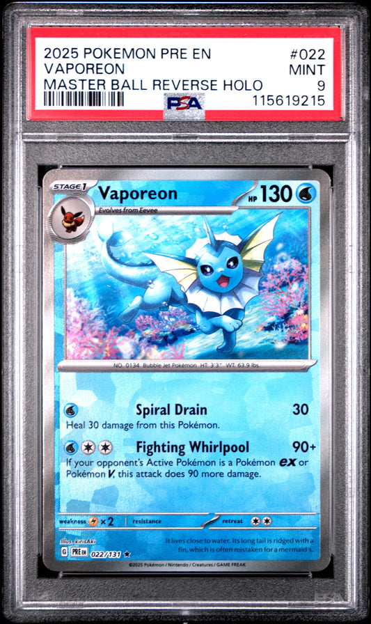 2025 Pokemon Pre En-Prismatic Evolutions 022 Vaporeon Master Ball Reverse Holo - PSA 9