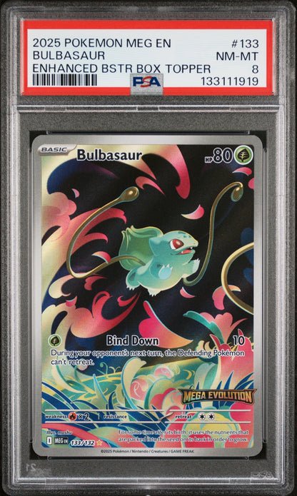 2025 Pokemon Meg En-Mega Evolution 133 Bulbasaur Enhanced Bstr Box Topper - PSA 8