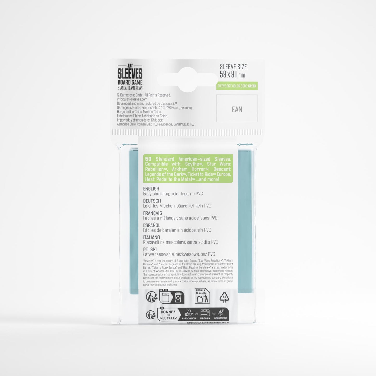 Gamegenic Just Sleeves - Size Code GREEN - Standard American Sized (59mm x 91mm) (50 Sleeves Per Pack)
