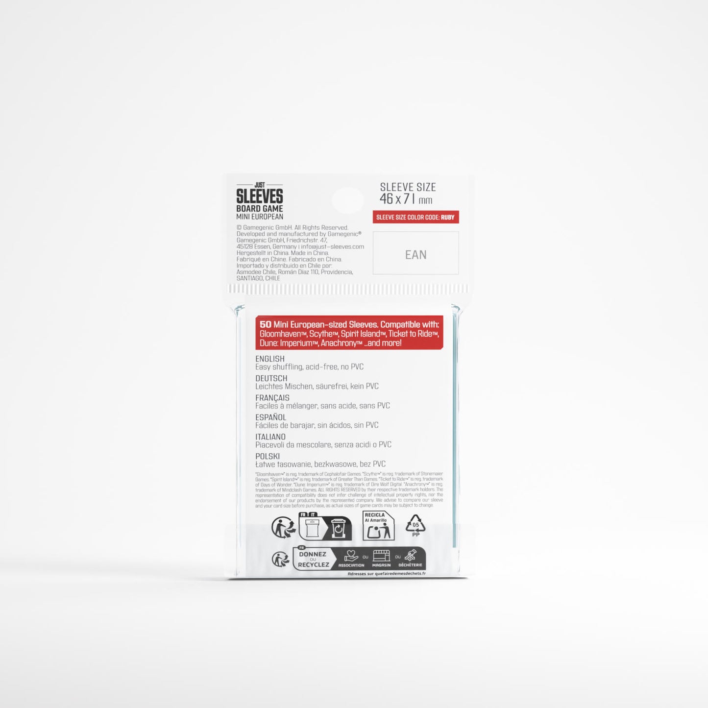 Gamegenic Just Sleeves - Size Code RUBY - Mini European Sized (44mm x 67mm) (50 Sleeves Per Pack)