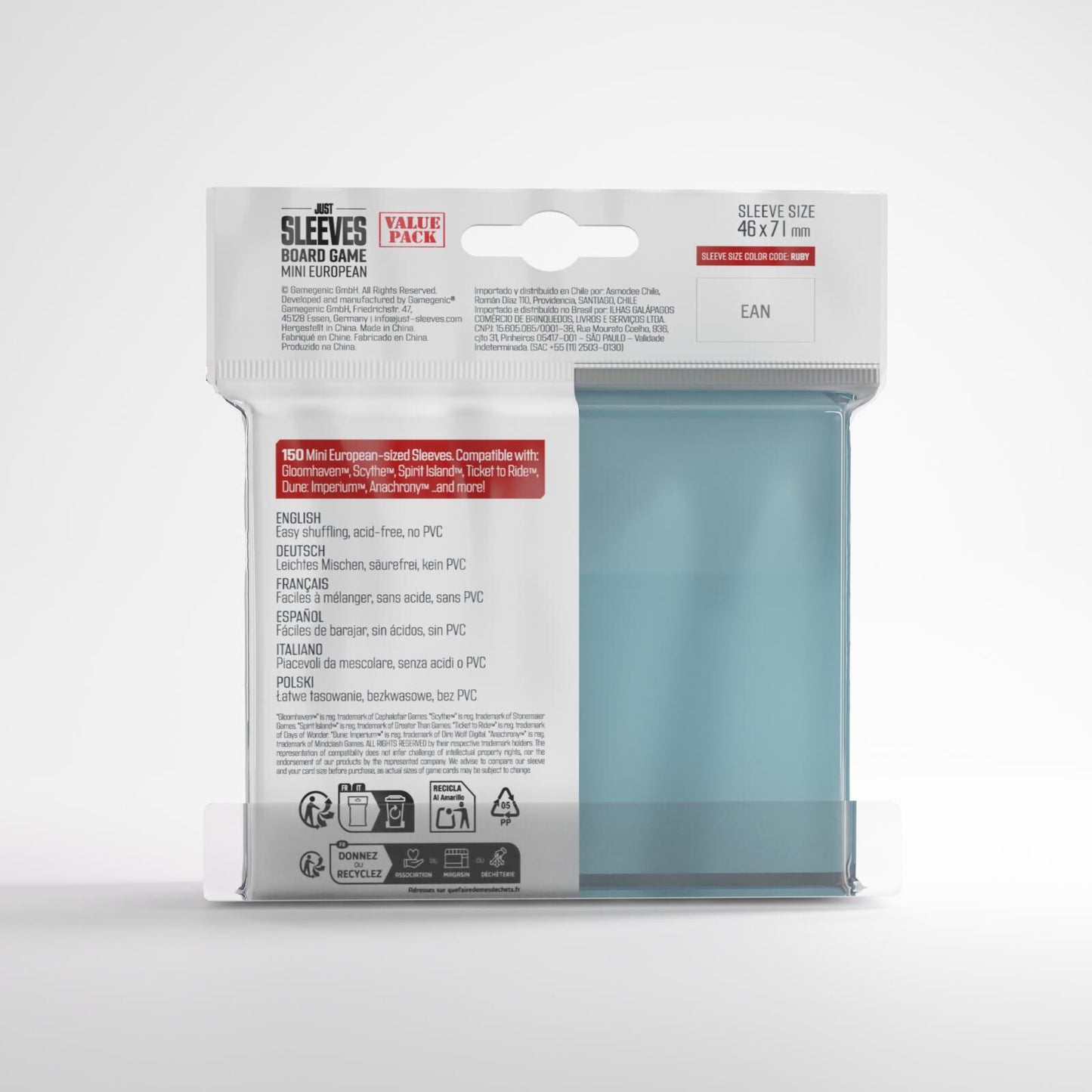 Gamegenic Just Sleeves - Size Code RUBY - Mini European Sized Value Pack (46mm x 71mm) (150 Sleeves Per Pack)