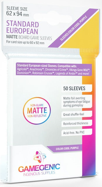 Gamegenic Matte Board Game Sleeves - Size Code PURPLE - Standard European Sized (62mm x 94mm) (50 Sleeves Per Pack)