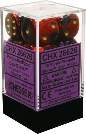 Chessex D6 Gemini 16mm d6 Purple-Red/gold Dice Block (12 dice)