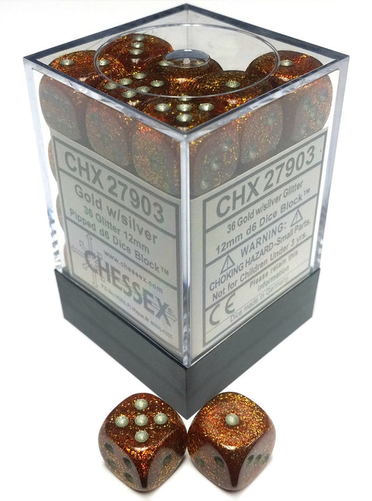 Chessex D6 Glitter 12mm d6 Gold/silver Dice Block (36 dice)