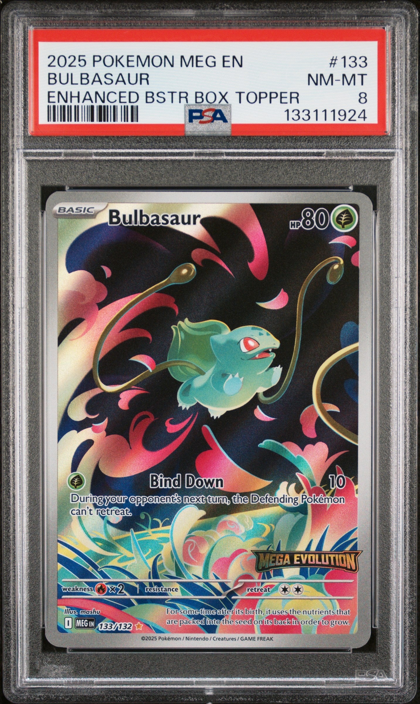2025 Pokemon Meg En-Mega Evolution 133 Bulbasaur Enhanced Bstr Box Topper - PSA 8