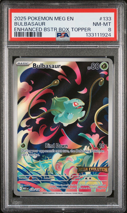 2025 Pokemon Meg En-Mega Evolution 133 Bulbasaur Enhanced Bstr Box Topper - PSA 8