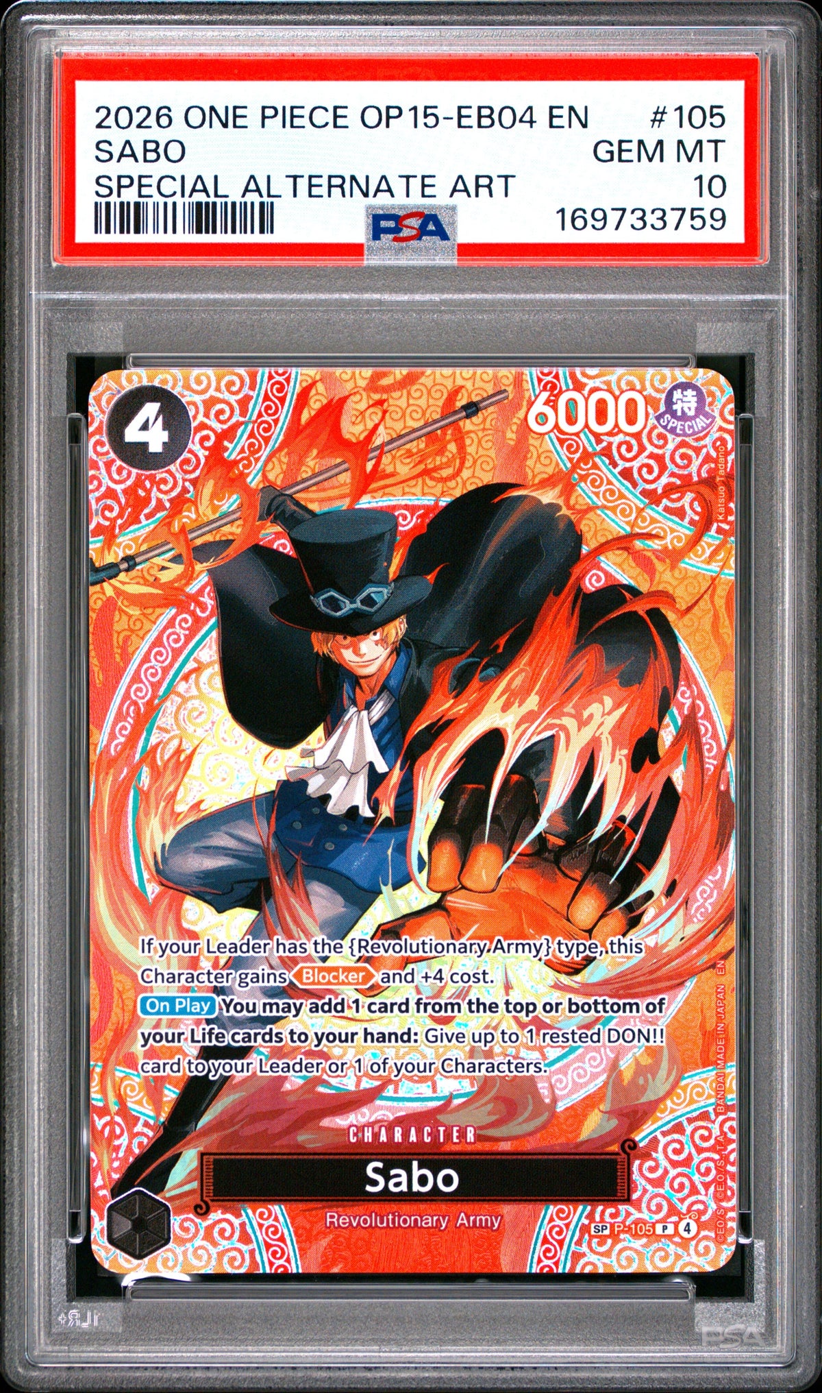2026 One Piece Op15-Eb04-Adventure On Kami's Island 105 Sabo Special Alternate Art - PSA 10