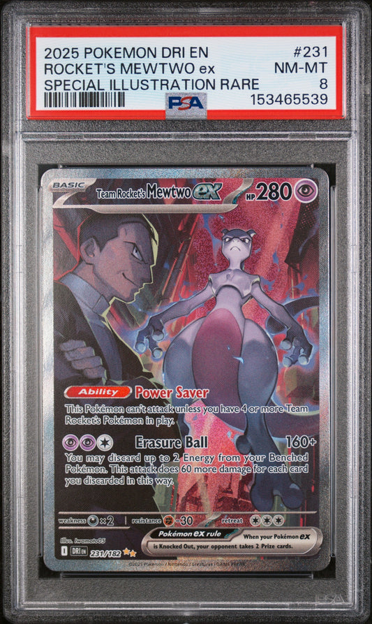 2025 Pokemon Dri En-Destined Rivals 231 Rocket's Mewtwo Ex Special Illustration Rare - PSA 8