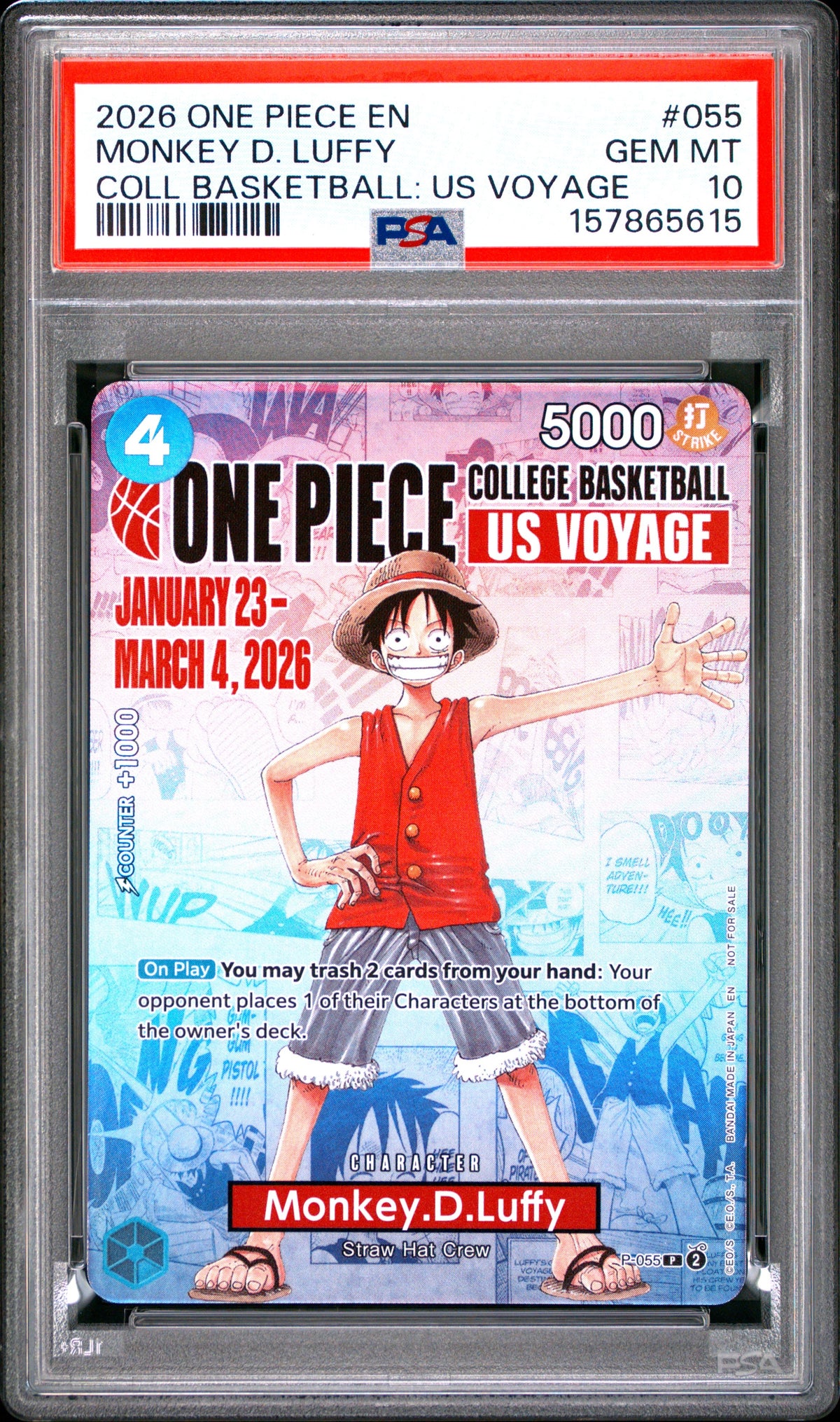 2026 One Piece Promos 055 Monkey D. Luffy Coll Basketball: Us Voyage - PSA 10