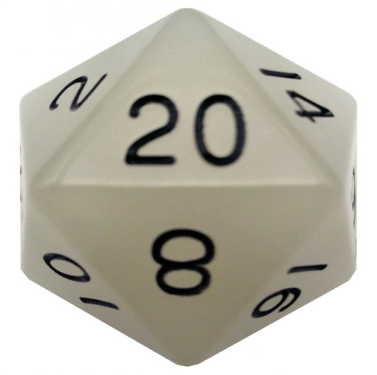 MDG 35mm Mega Acrylic d20 Dice: Glow Clear with Black Numbers