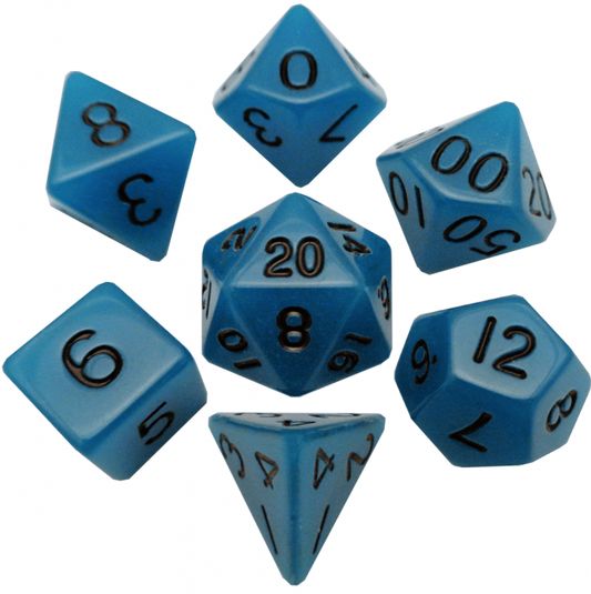 MDG 16mm Acrylic Polyhedral Dice Set: Glow in the Dark Blue