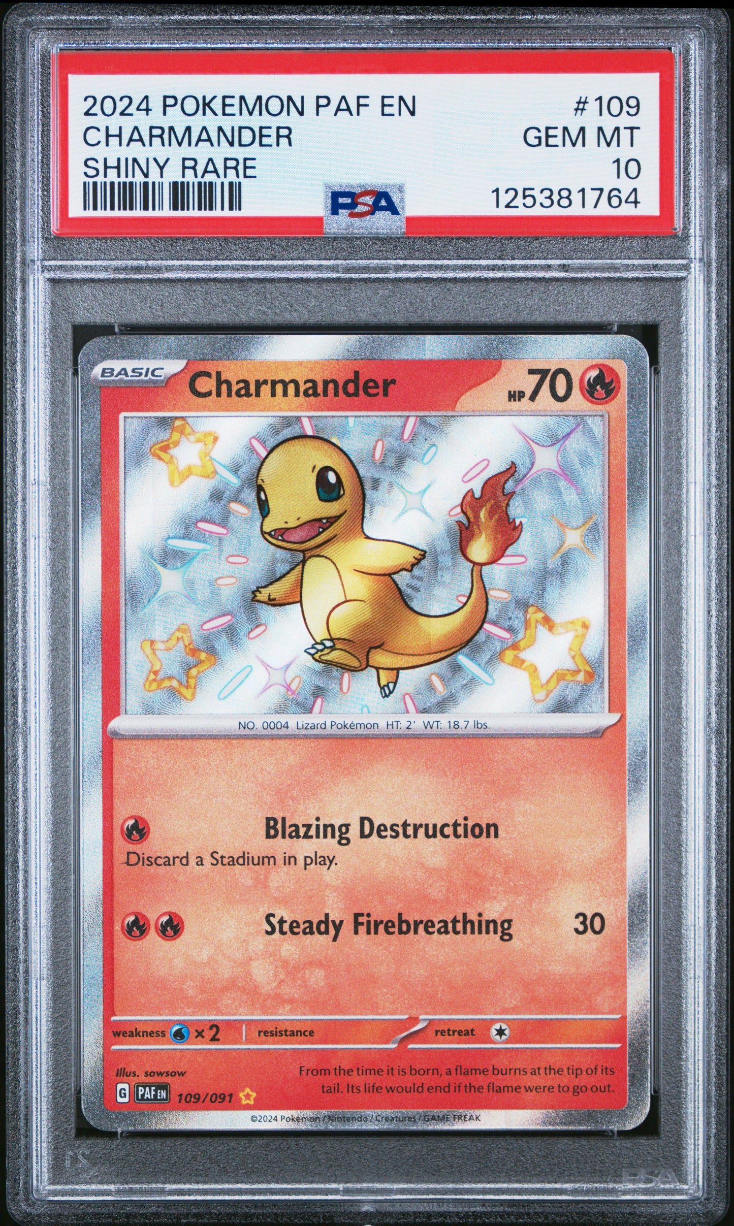 2024 Pokemon Paf En-Paldean Fates 109 Charmander Shiny Rare - PSA 10