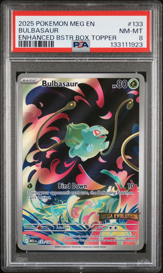 2025 Pokemon Meg En-Mega Evolution 133 Bulbasaur Enhanced Bstr Box Topper - PSA 8