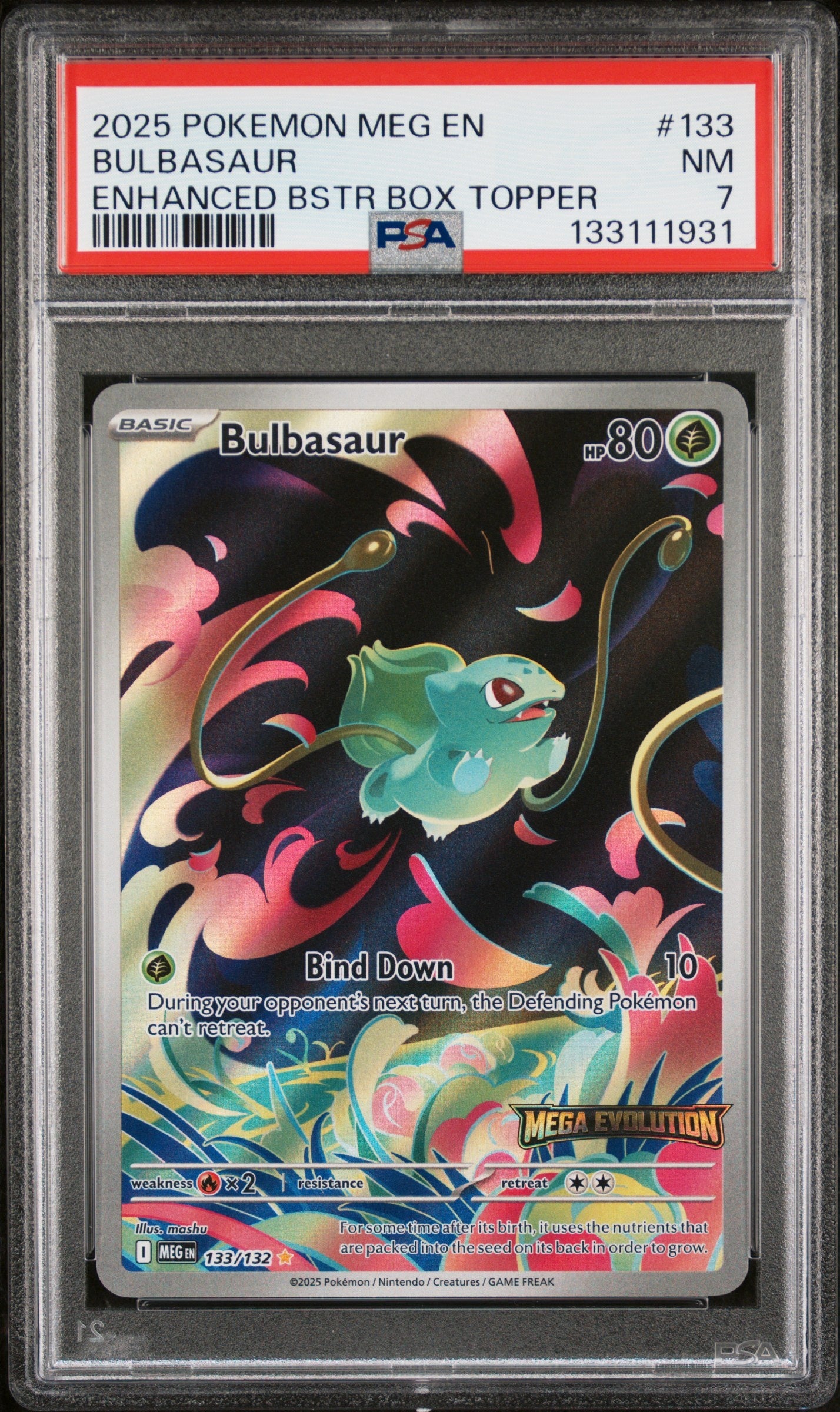 2025 Pokemon Meg En-Mega Evolution 133 Bulbasaur Enhanced Bstr Box Topper - PSA 7