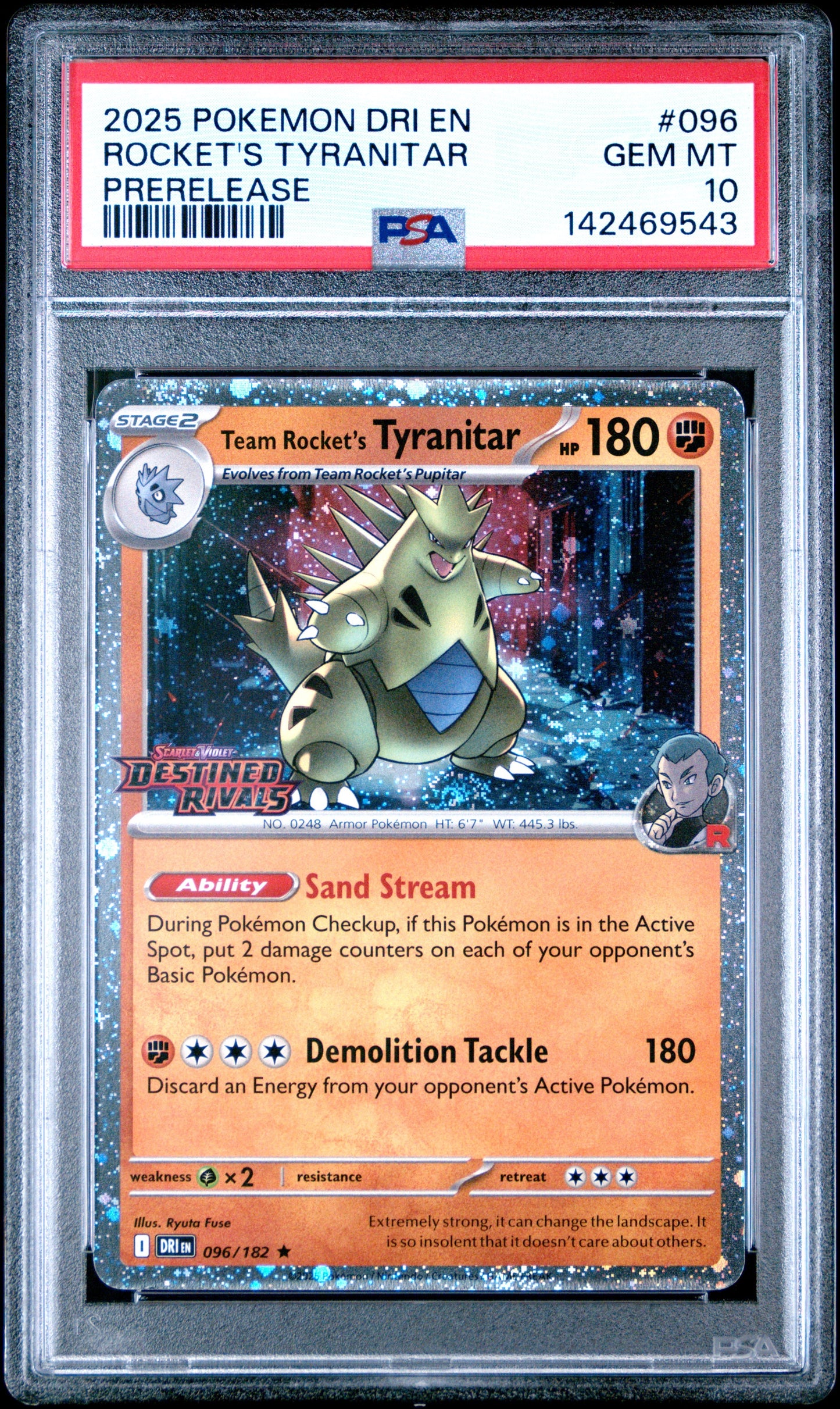 2025 Pokemon Dri En-Destined Rivals 096 Rocket's Tyranitar Prerelease - PSA 10