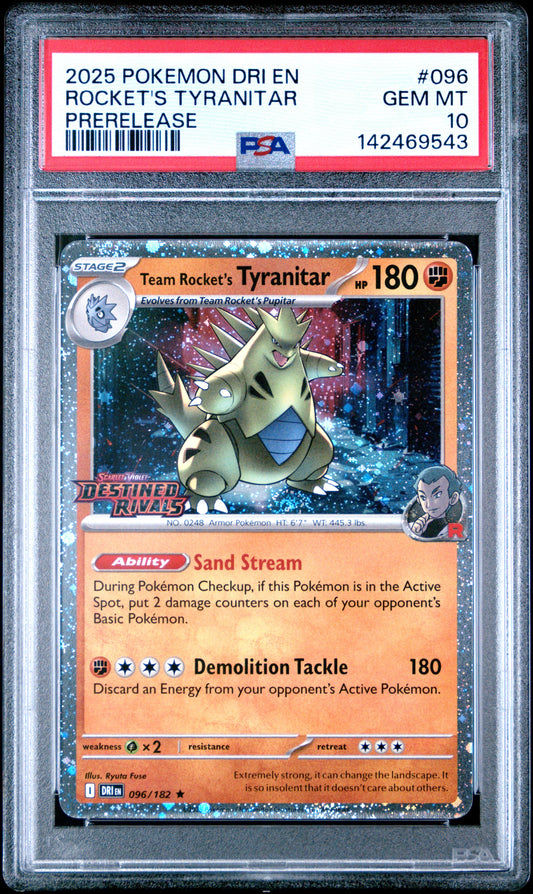2025 Pokemon Dri En-Destined Rivals 096 Rocket's Tyranitar Prerelease - PSA 10