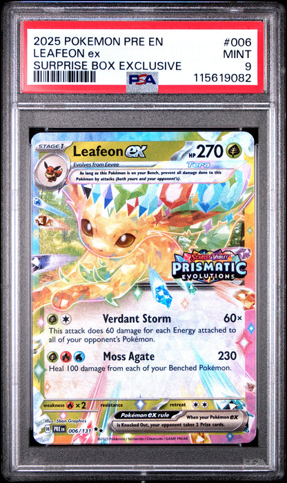2025 Pokemon Pre En-Prismatic Evolutions 006 Leafeon Ex Surprise Box Exclusive - PSA 9