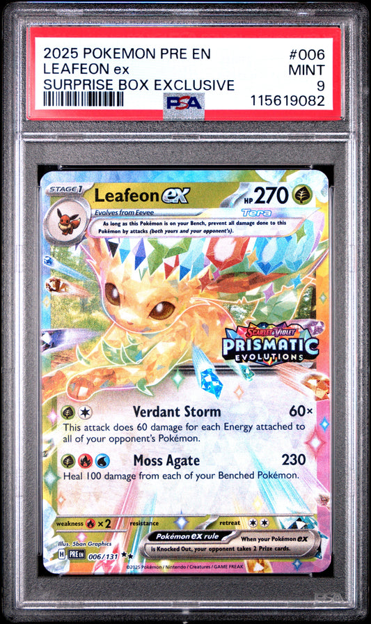 2025 Pokemon Pre En-Prismatic Evolutions 006 Leafeon Ex Surprise Box Exclusive - PSA 9