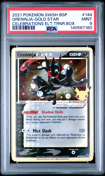 2021 Pokemon Swsh Black Star Promo 144 Greninja-Gold Star Celebrations Elt.Trnr.Box - PSA 9