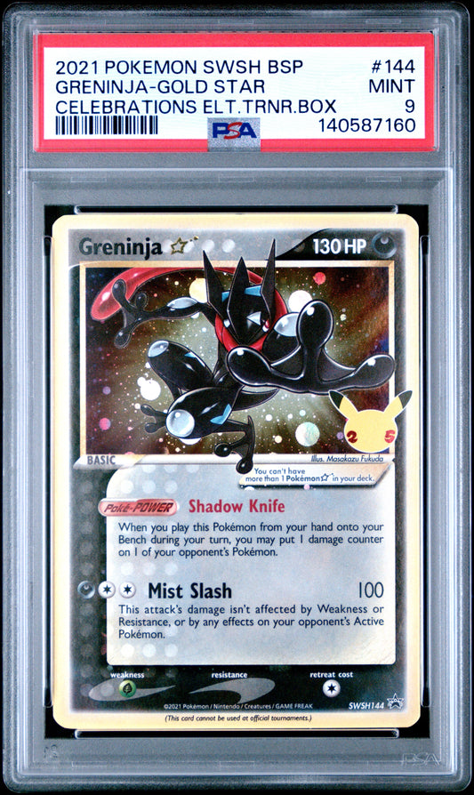 2021 Pokemon Swsh Black Star Promo 144 Greninja-Gold Star Celebrations Elt.Trnr.Box - PSA 9