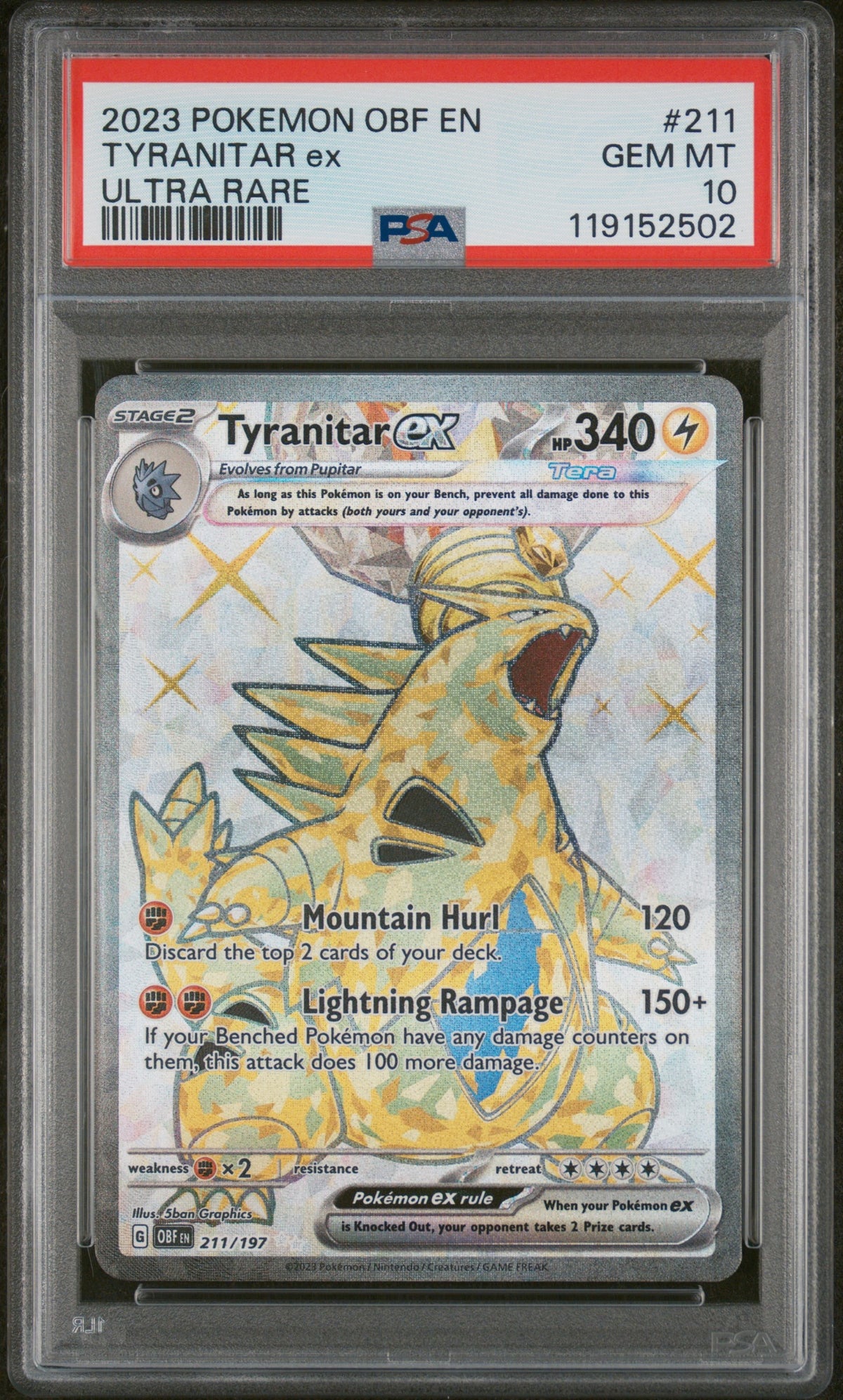 2023 Pokemon Obf En-Obsidian Flames 211 Tyranitar Ex Ultra Rare - PSA 10