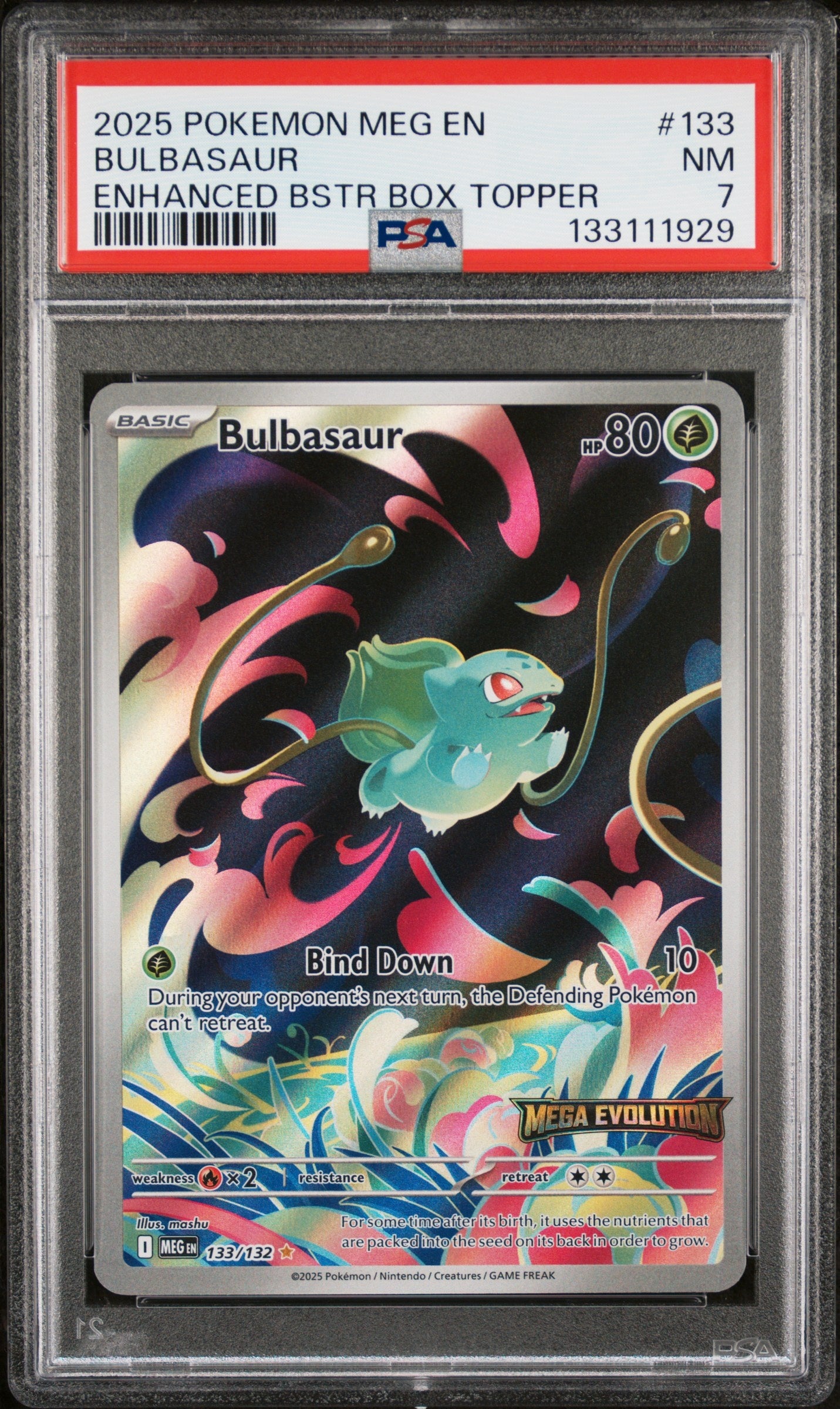 2025 Pokemon Meg En-Mega Evolution 133 Bulbasaur Enhanced Bstr Box Topper - PSA 7