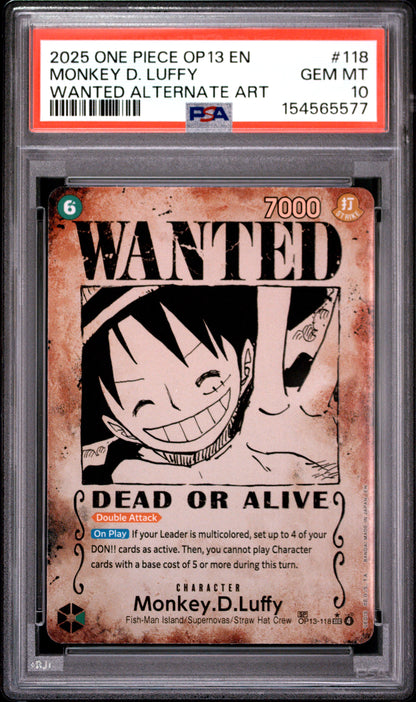 2025 One Piece Op13-Carrying On His Will 118 Monkey D. Luffy Wanted Alternate Art - PSA 10