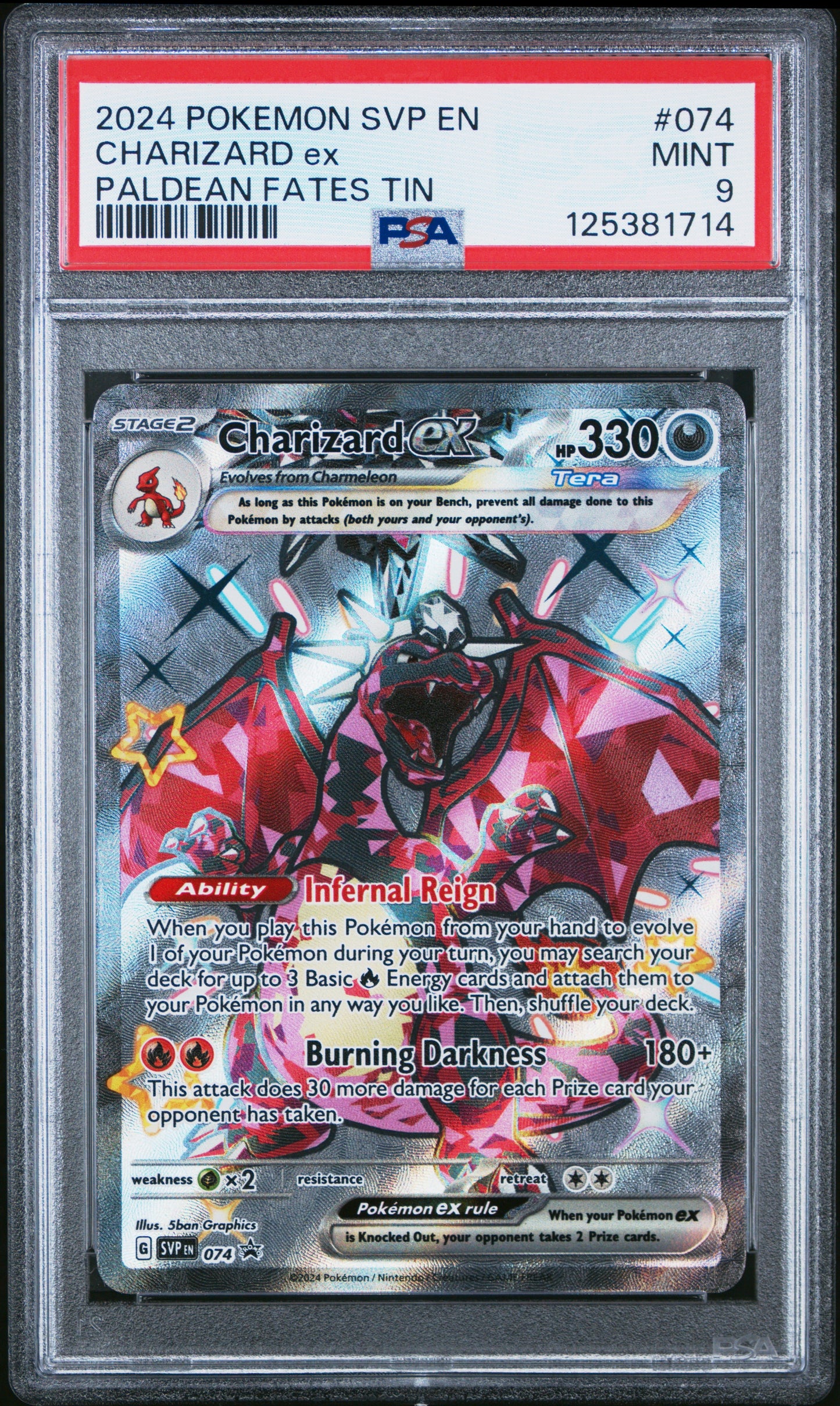 2024 Pokemon Svp En-Sv Black Star Promo 074 Charizard Ex Paldean Fates Tin - PSA 9