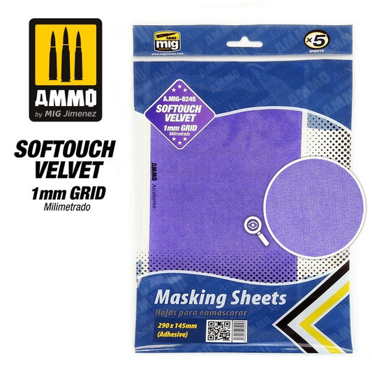 Ammo by MIG - Accessories - Softouch Velvet Masking Sheets 1Mm Grid (X5 Sheets, 290Mm X 145Mm)