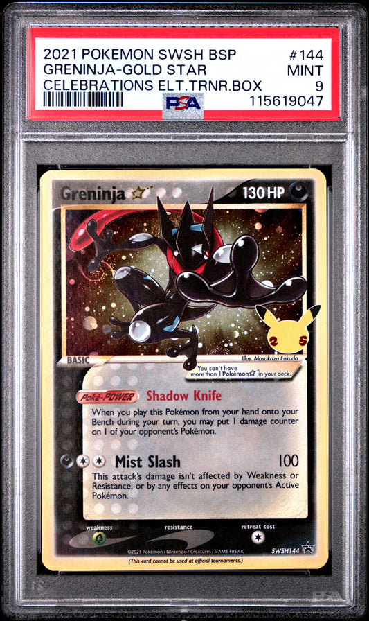 2021 Pokemon Swsh Black Star Promo 144 Greninja Gold Star Celebrations Elt.Trnr.Box - PSA 9