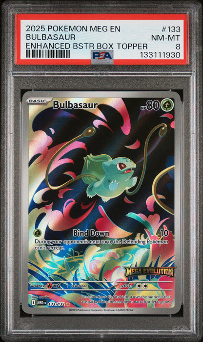 2025 Pokemon Meg En-Mega Evolution 133 Bulbasaur Enhanced Bstr Box Topper - PSA 8