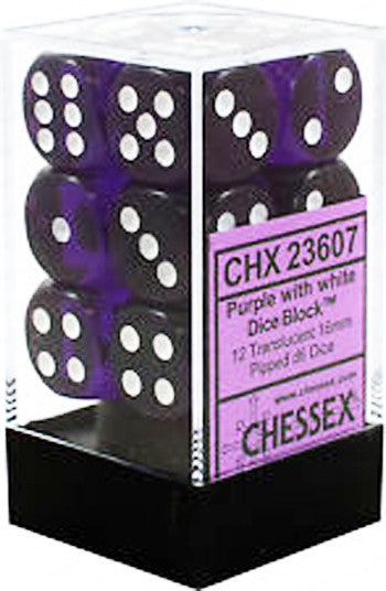 Chessex D6 Translucent 16mm d6 Purple/white Dice Block (12 dice)