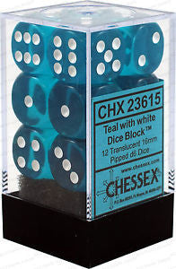 Chessex D6 Translucent 16mm d6 Teal/white Dice Block (12 dice)