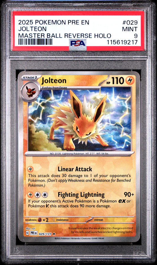 2025 Pokemon Pre En-Prismatic Evolutions 029 Jolteon Master Ball Reverse Holo - PSA 9